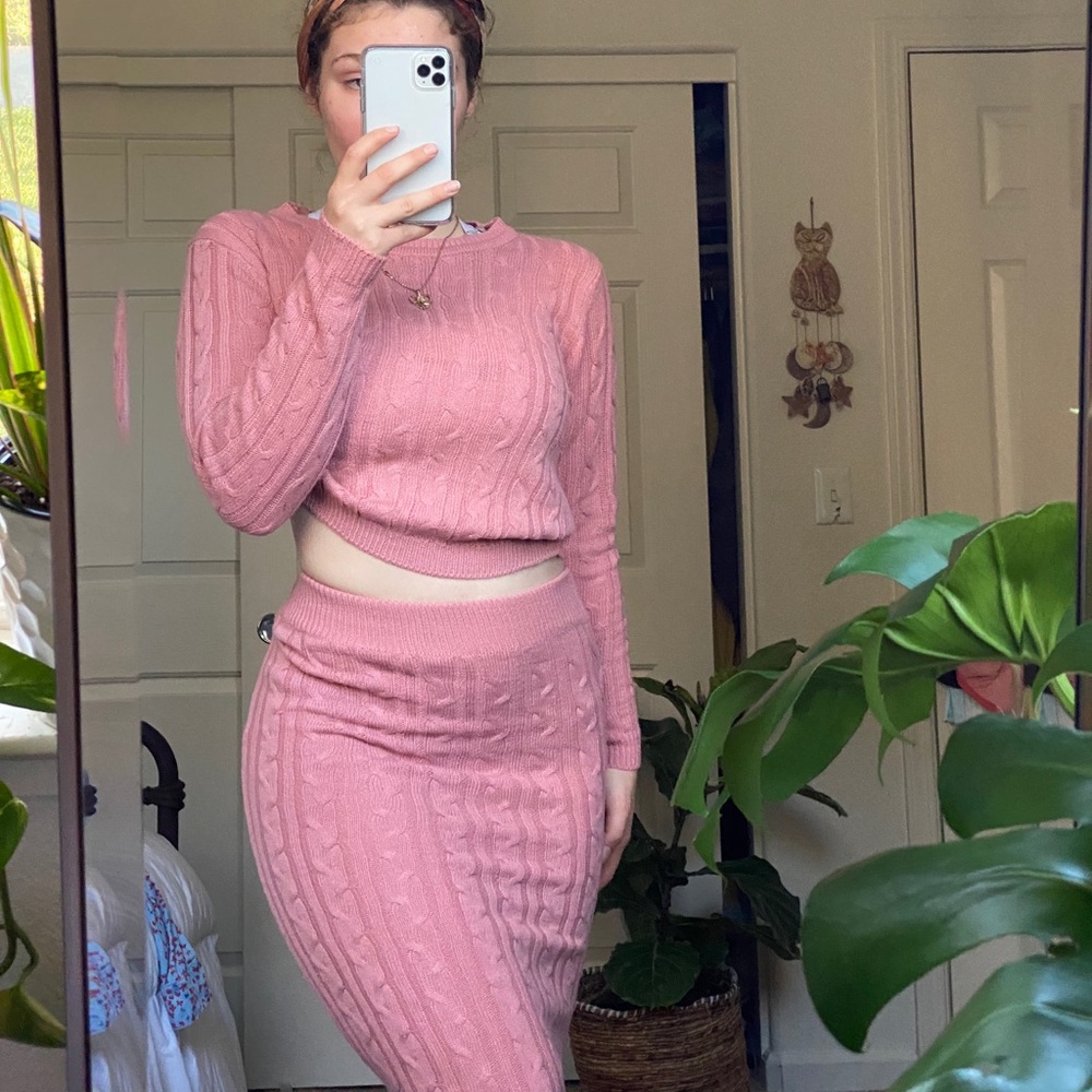 Pink Blush Sweater Set Pencil Skirt Cew Neck Top